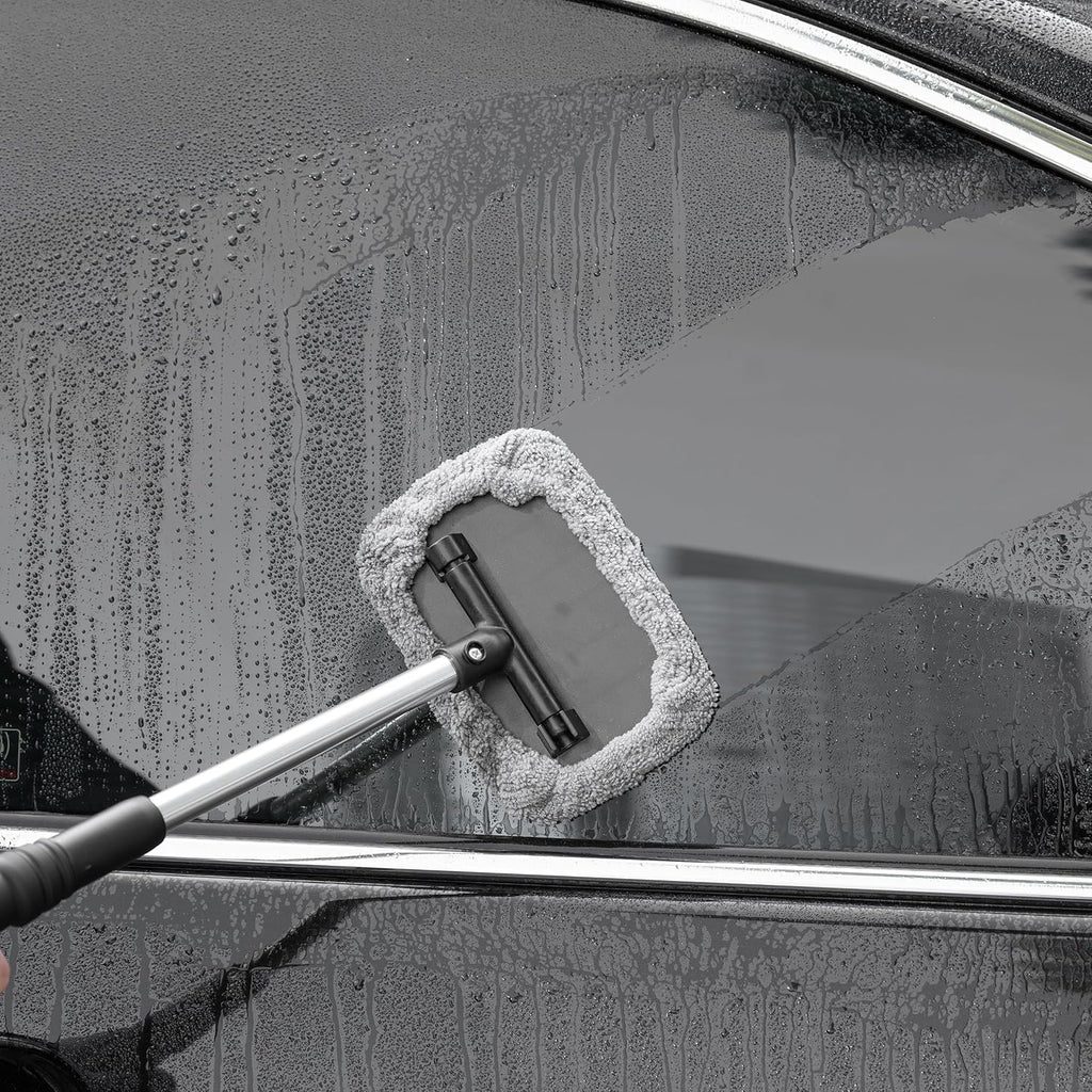 Pivoting Windshield Glass Cleaning Tool Extendable Aluminum Handle W/3 Premium Microfiber Covers
