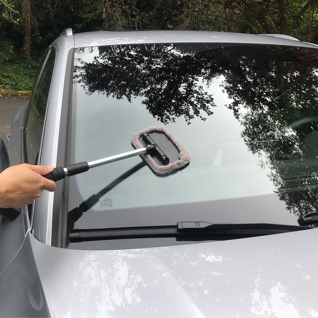 Pivoting Windshield Glass Cleaning Tool Extendable Aluminum Handle W/3 Premium Microfiber Covers